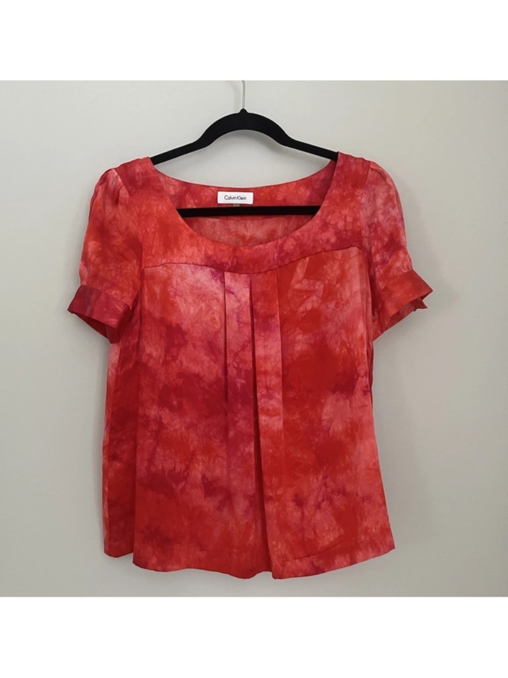 Calvin Klein 100% Silk Pleated Top, Puff Sleeves, Square Neckline, Sz XS